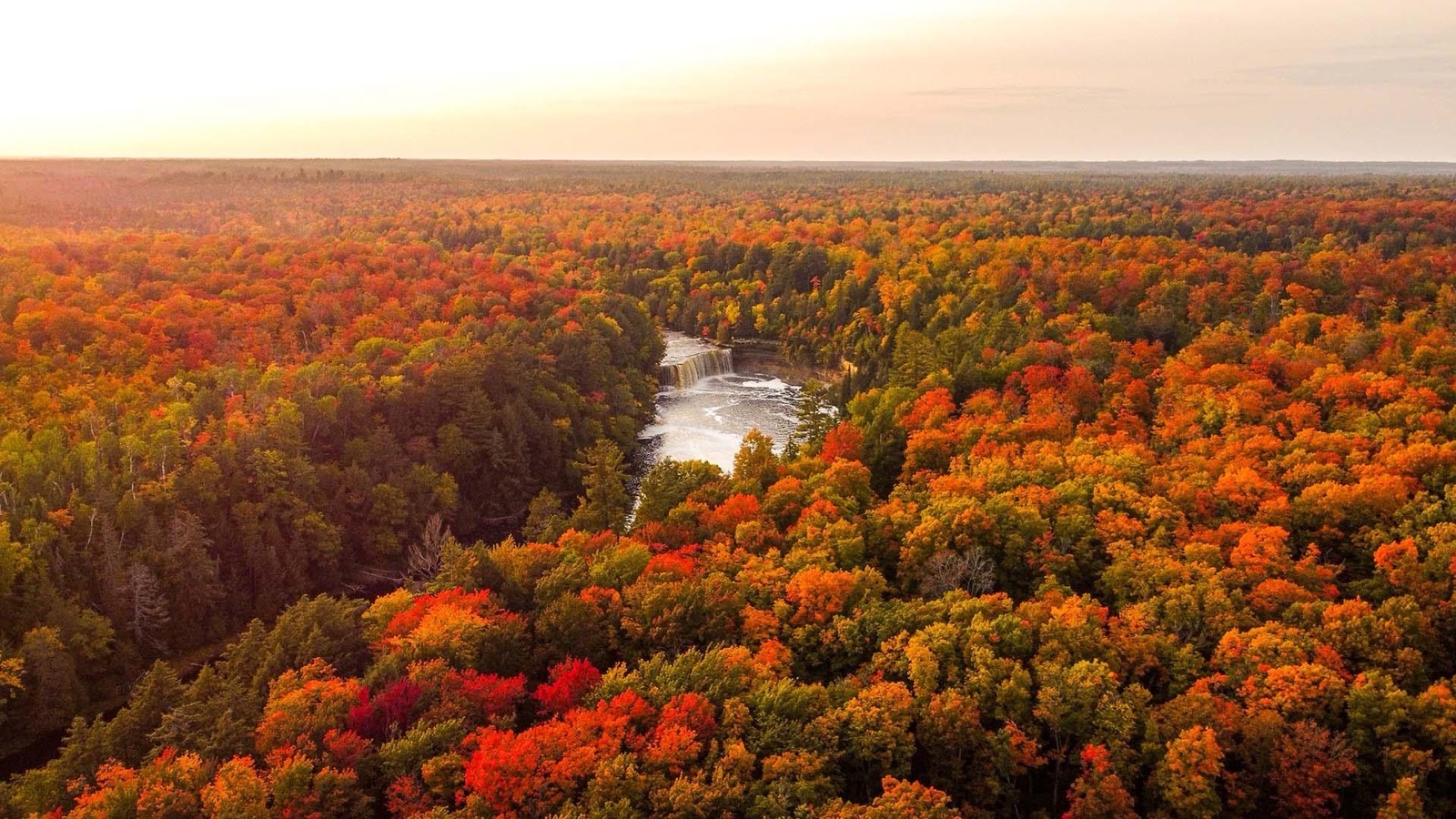 A river and waterfall in a forest of red, orange and gold, seen from above