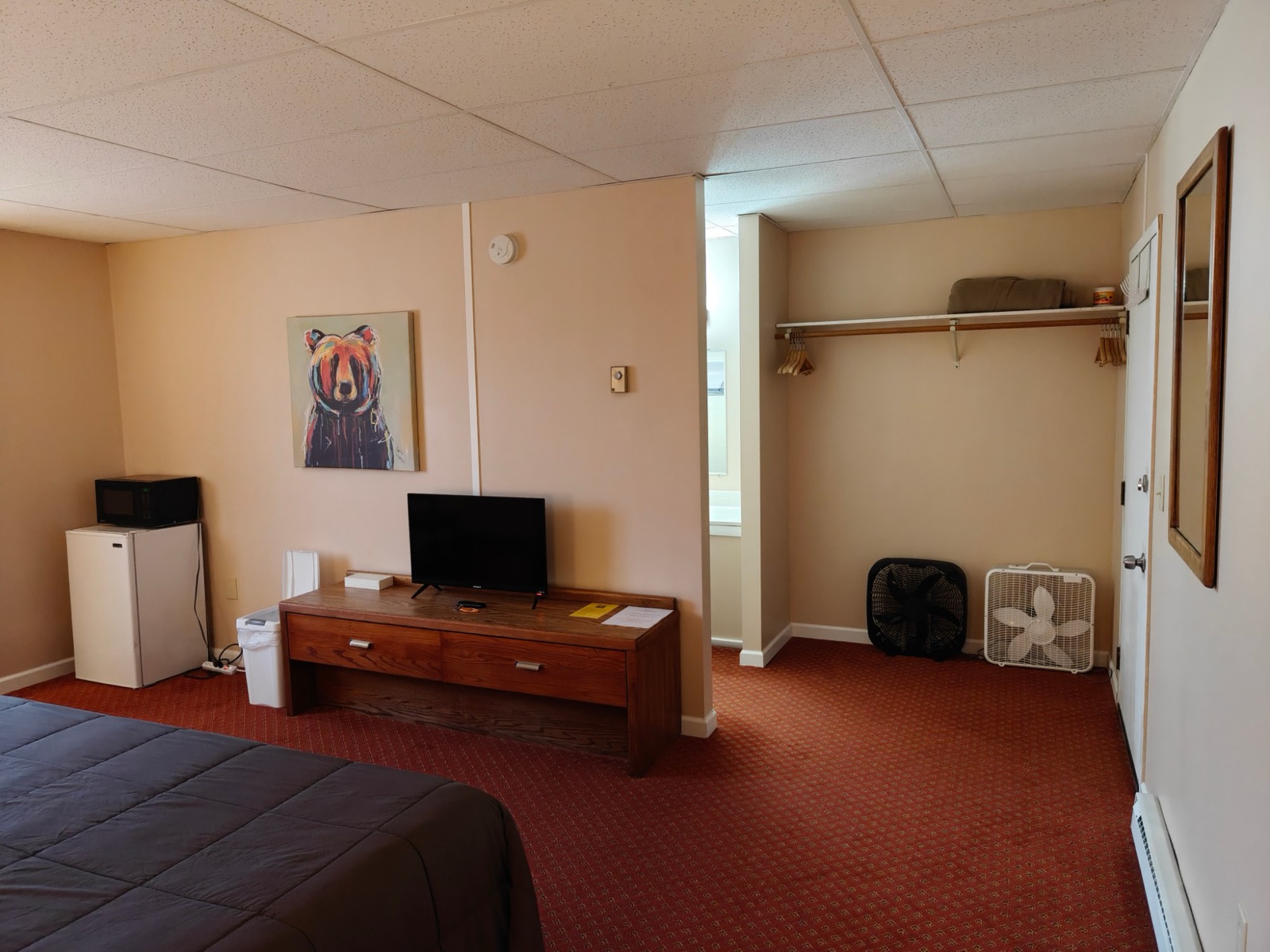 The dresser and TV, a mini fridge with a microwave, the open closet rack and two fans